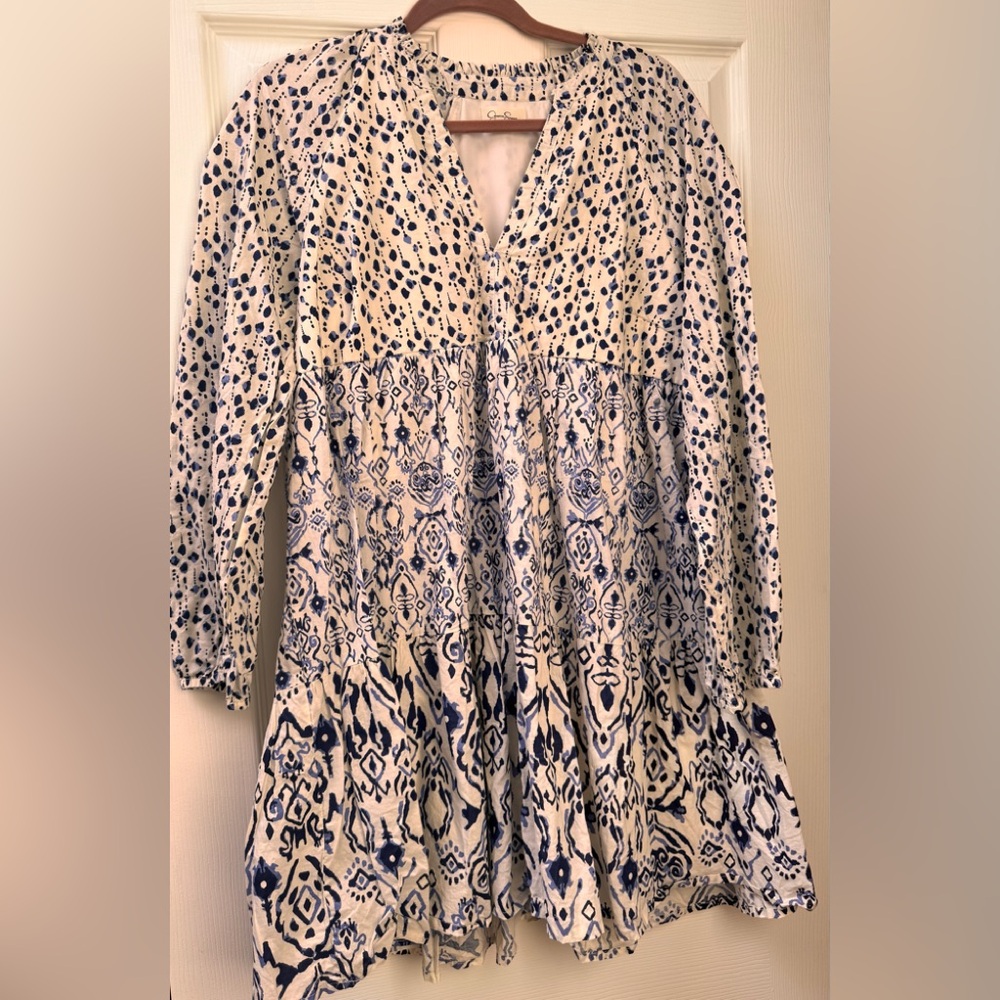Boho Cotton Mini dress  - Navy and White